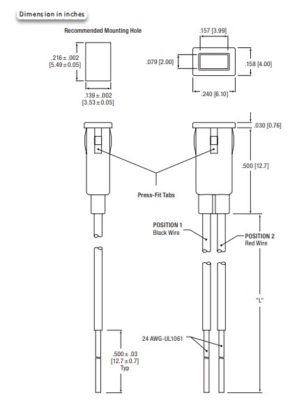 Mechanical Drawing - Dialight 559 Rectangle Series Snap-in LED Indicators